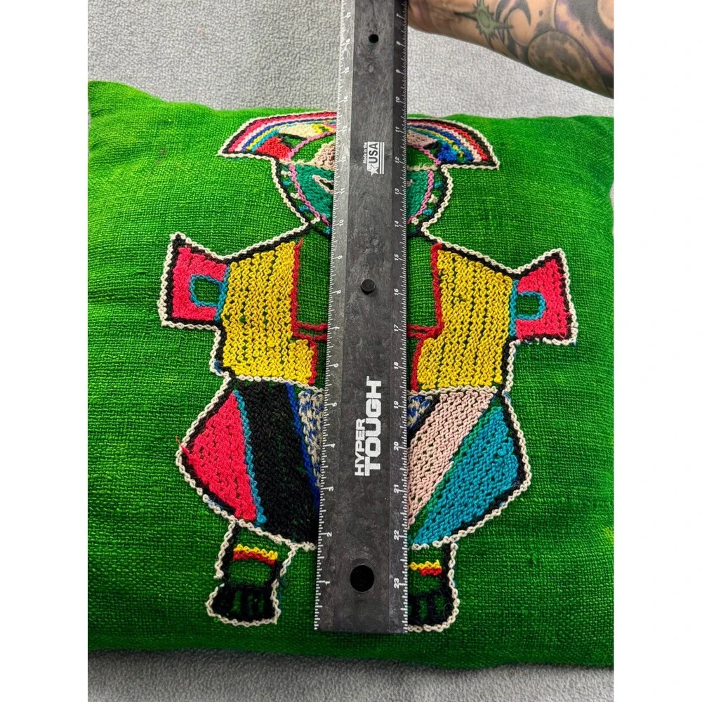 Vintage Peruvian Folk‎ Art Embroidered Wool Pillow Green Andean Figure 13x13